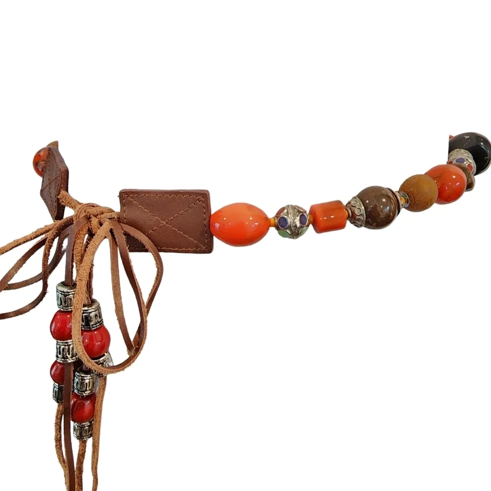 Vintage Boho Belt Art Beads Leather Retro Hippie Bohemian Colorful Orange